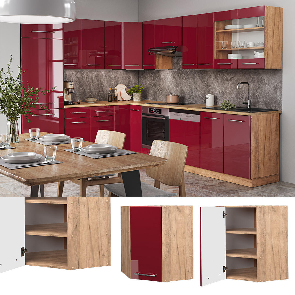 ECKHÄNGESCHRANK Fame-Line Bordeaux Hochglanz 57 cm - Honigeiche/Bordeaux, Holzwerkstoff (57/72/34.1cm) - Vicco