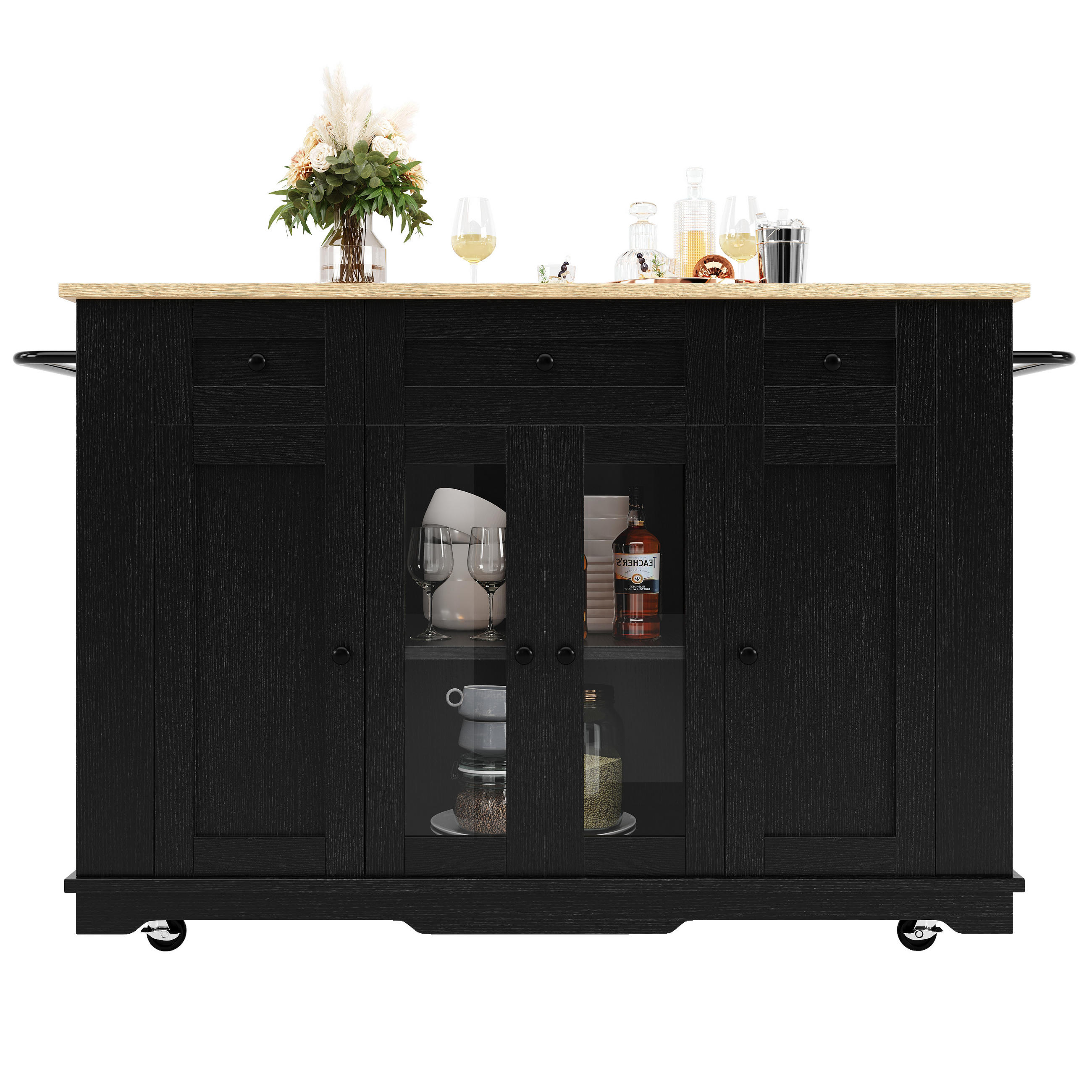 KÜCHENINSEL 151,5/60/91,7 cm Schwarz/Natur Metall und Glas mit klappbarer Tischplatte - Schwarz, Holzwerkstoff (151.5/91.7/85cm) - OKWISH