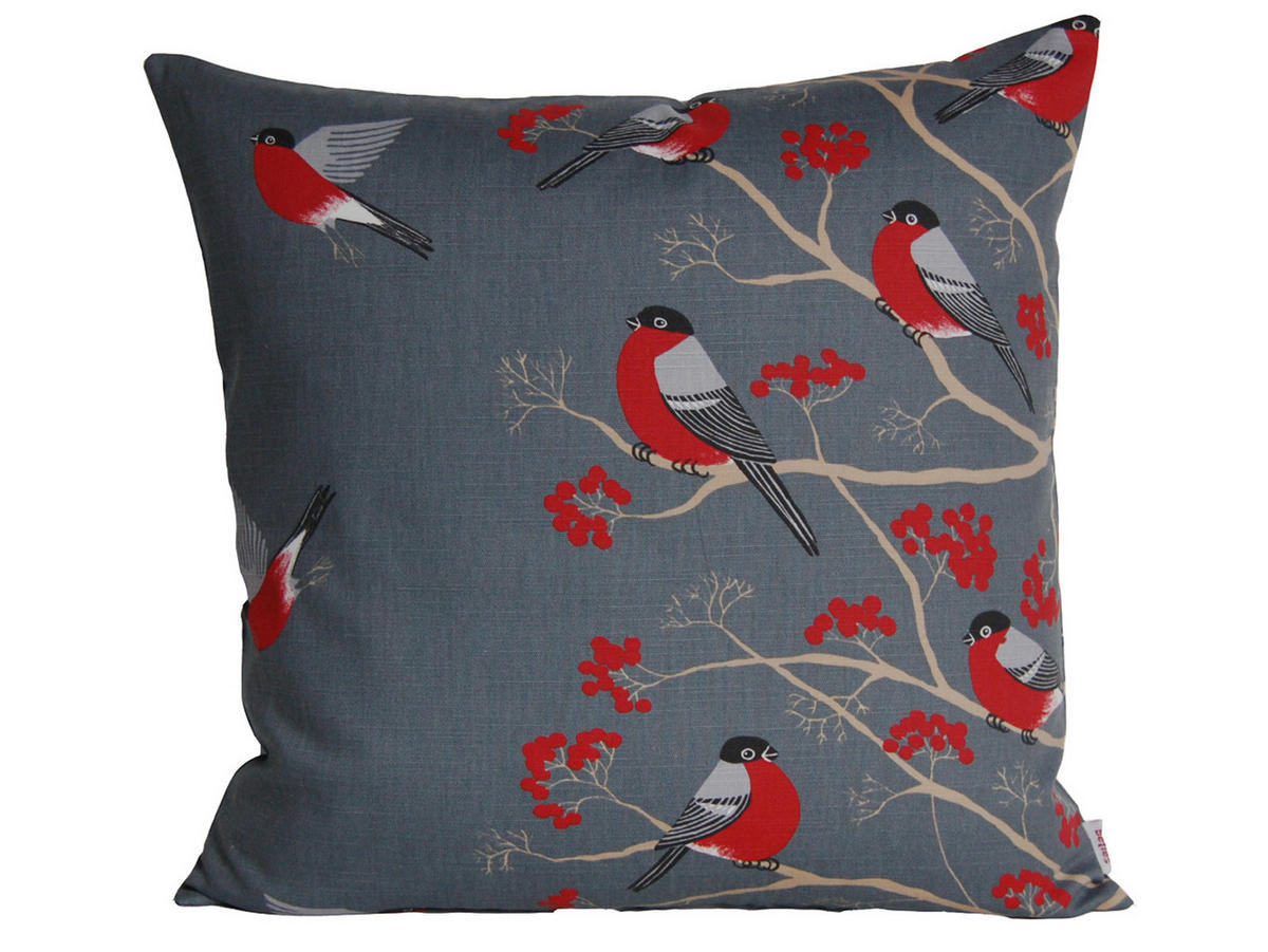 KISSENHÜLLE Beeren Vögel Baumwolle stone 50/50 cm - Grau, Textil (50/50cm) - beties Heimtextil