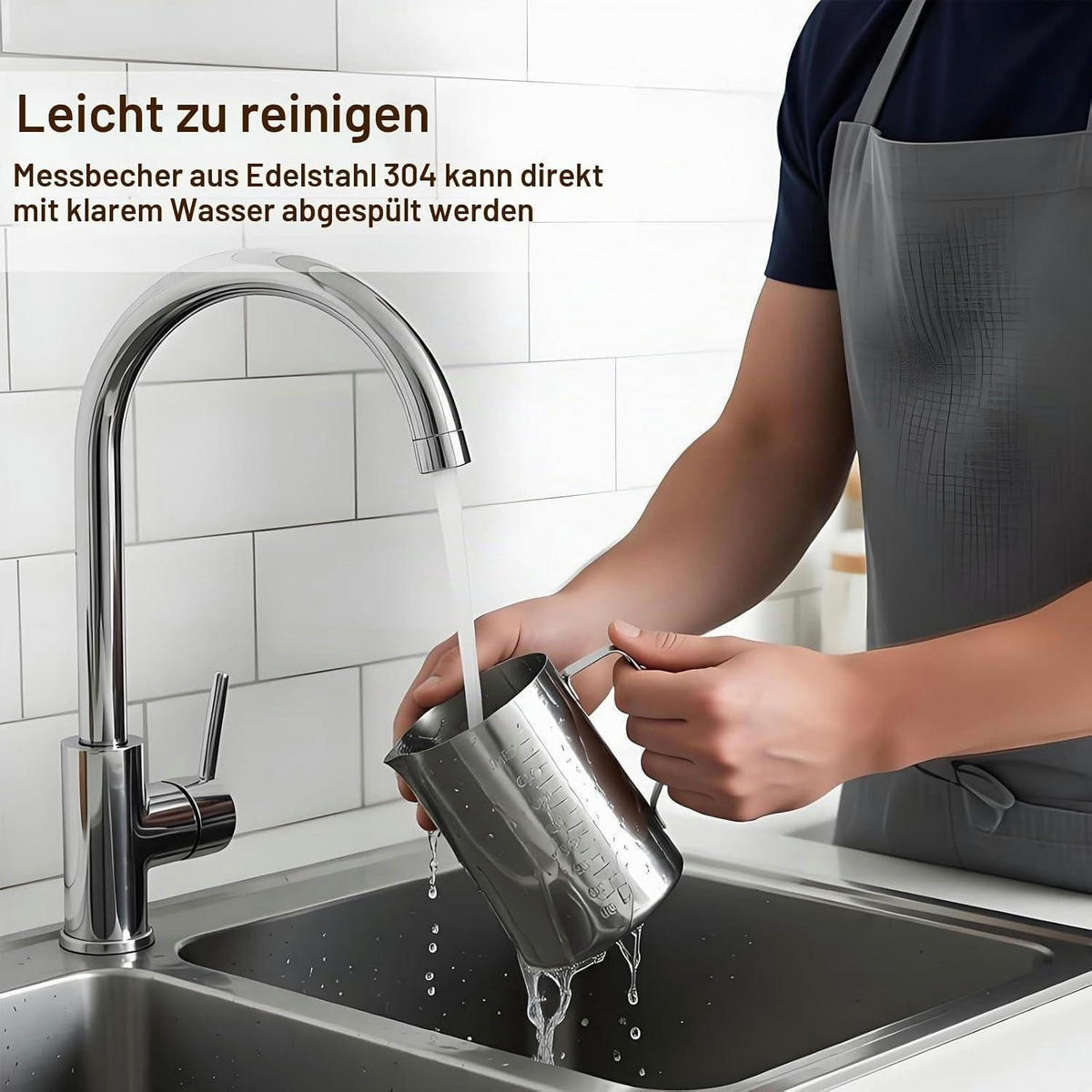 MESSBECHER Edelstahl 1L mit Rührstab - Silberfarben, Metall (0.9L)