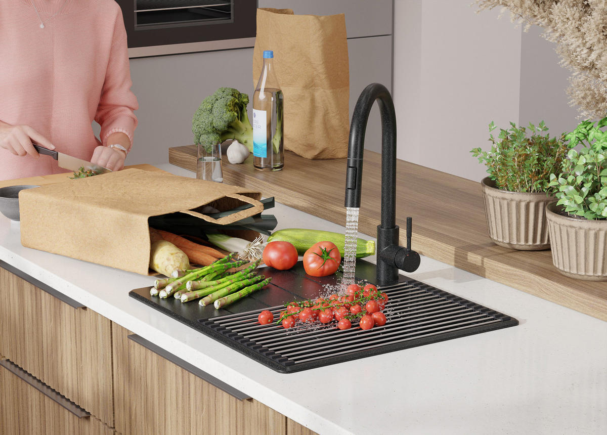 SPÜLBECKEN Kopenhagen, 2-er set Anthrazit 55/50 cm 1 Becken + Ablauf-Set + Schneidebrett ab 40er Unterschrank - Chromfarben/Anthrazit, Kunststoff (55/20/50cm) - Primagran