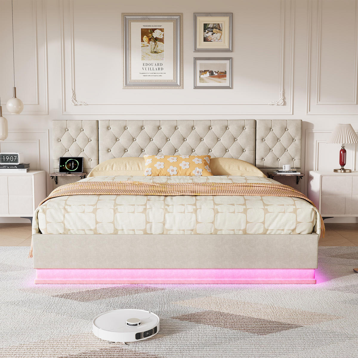 POLSTERBETT 140x200 cm Beige mit RGB-LED, Stauraum, USB-C & kabellosem Laden, Leinenbezug - Beige, Holz (140/200cm)