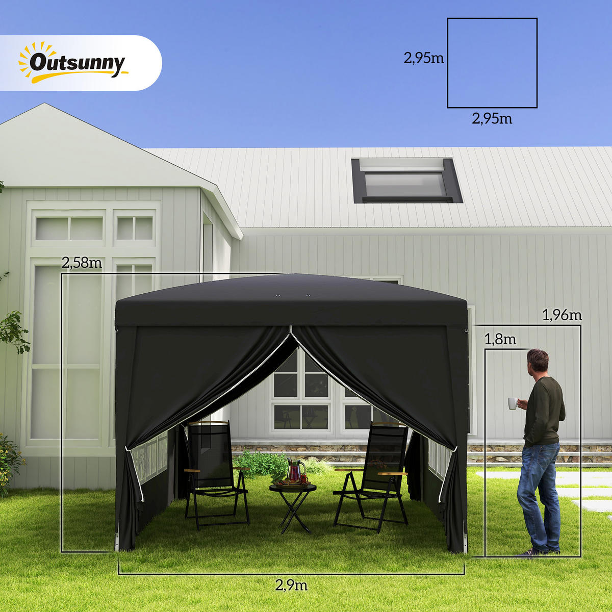 PAVILLON mit 4 Seitenwänden, Oxfordstoff, Stahl, Schwarz - Schwarz, Kunststoff (295/258/295cm) - Outsunny