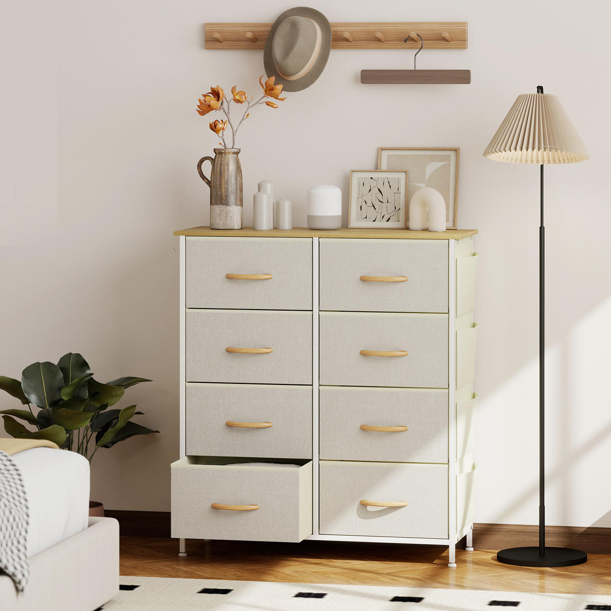 KOMMODE Schrank mit 8 Schubladen aus Stoff, Haken, Seitentasche, Stahlrahmen - Beige/Naturfarben, Holz/Textil (30/94.5/86cm) - HOMCOM