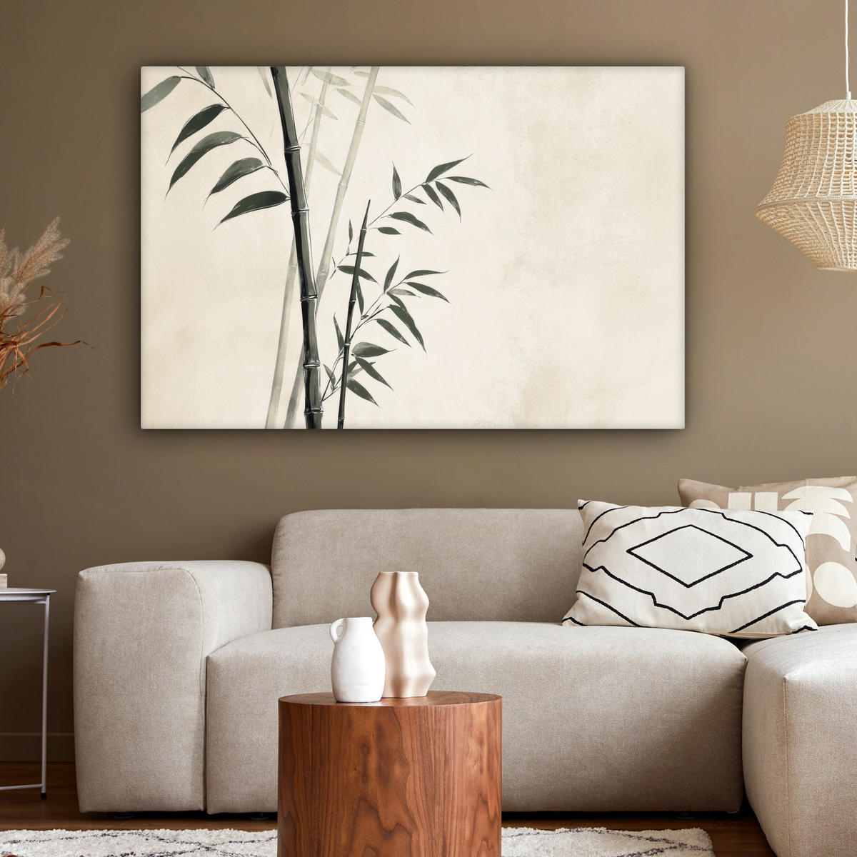 LEINWANDBILD Japandi - Bambus - Beige XXL 150x100 cm - Eukalyptusholzfarben, Textil (150/100cm) - MuchoWow
