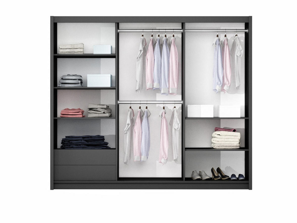 SCHWEBETÜRENSCHRANK RENEKTON 250/215/65 cm 2-türig mit Spiegel Graphitfarben - Graphitfarben, Holzwerkstoff (250/215/65cm) - MASSENO