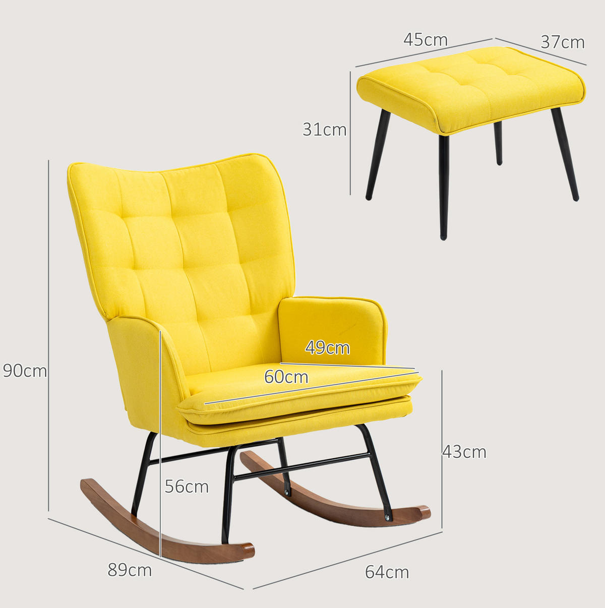 SCHAUKELSTUHL 64/89/90 cm mit Hocker, hoher Rückenlehne und Polsterung - Gelb, Textil (89/90/64cm) - BEAOK