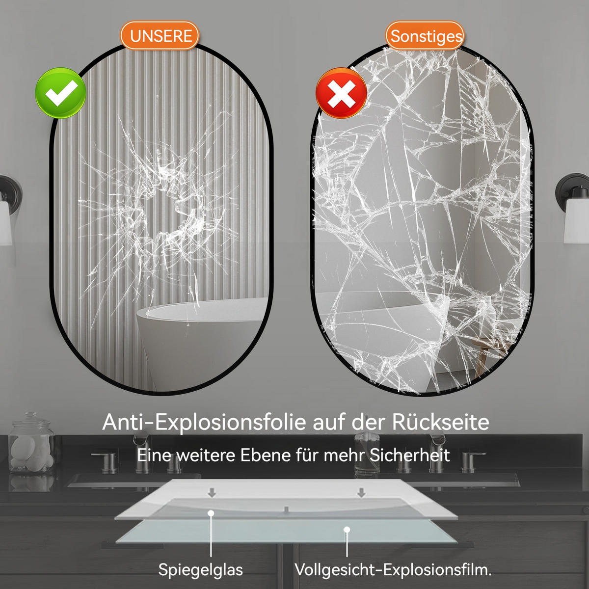 BADEZIMMERSPIEGEL 50x80x3cm Silber,horizontal/vertikal montierbar mit Explosionsschutzglas - Silberfarben, Glas (3/80/50cm) - Modfu