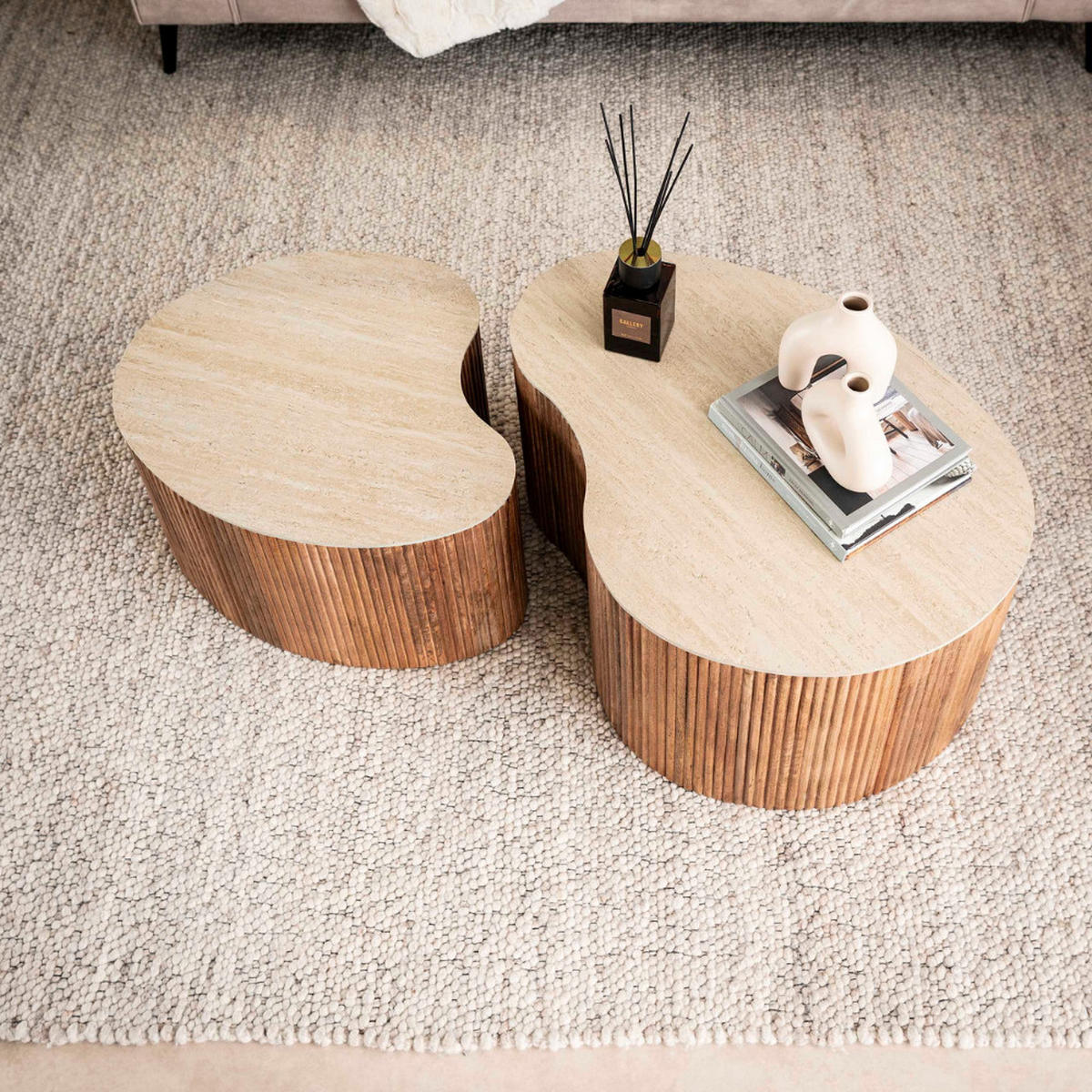 COUCHTISCH-SET EMILIO NUVOLA Nierenförmige Satztische mit Travertin-Keramik - Beige/Braun, Holz (60/82/40cm) - alesvelt