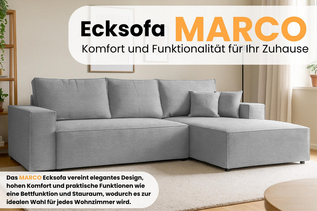 ECKSOFA MARCO 294/185 in Cord Hellgrau mit Schlaffunktion rechts - Hellgrau, Holz/Holzwerkstoff (294/185cm) - Deine Möbel 24