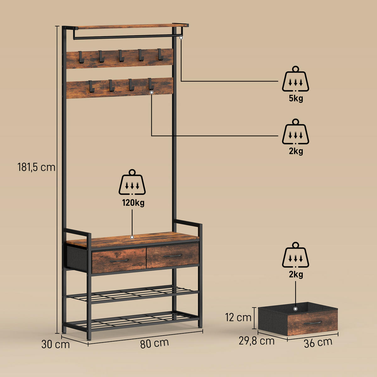 GARDEROBENSTÄNDER aus Spanplatte Rustikal Braun - Braun, Holzwerkstoff (30/181.5/80cm) - HOMCOM