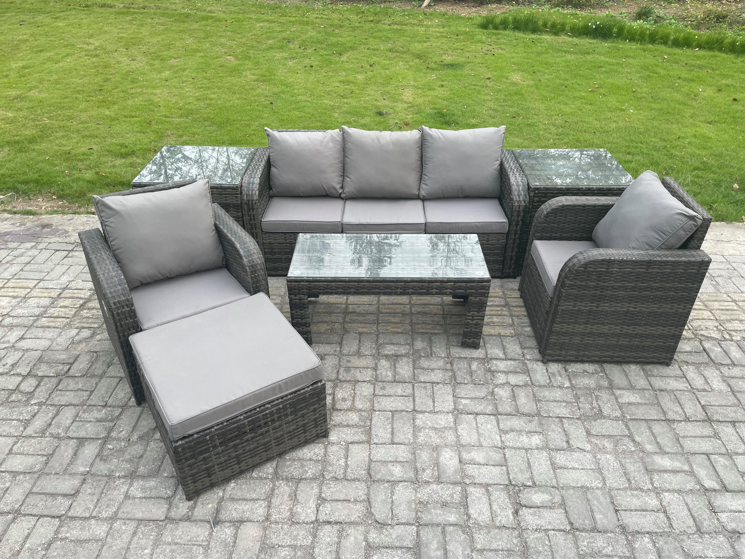 GARTENSOFA SET mit LIEGESTUHL Polyrattan 6-Sitzer Dunkelgrau - Dunkelgrau/Grau, Glas/Kunststoff - Fimous