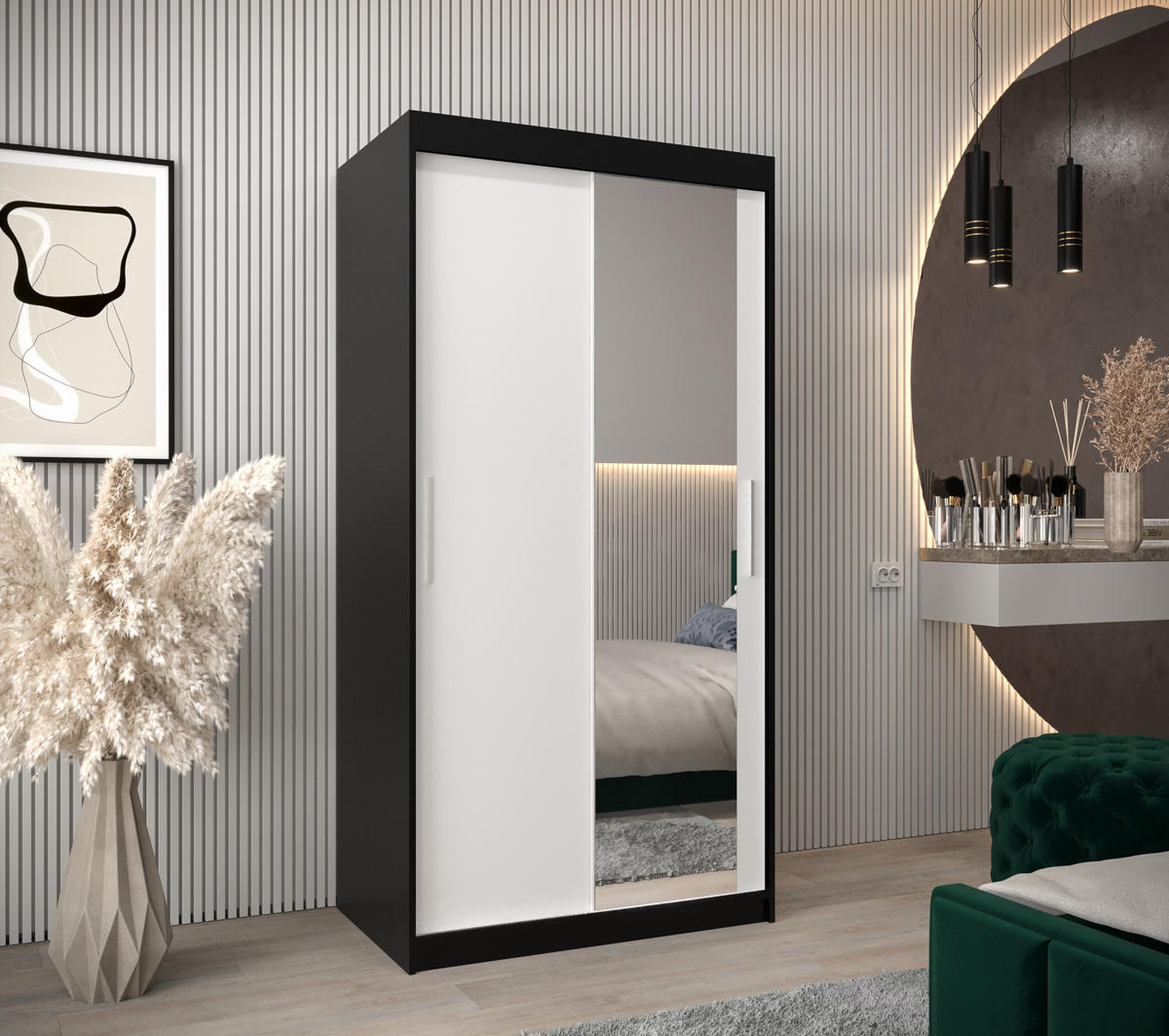 SCHWEBETÜRENSCHRANK 200/100/62 2-türig - Silberfarben/Schwarz, Holz/Kunststoff (100/200/62cm) - Abiks Möbel