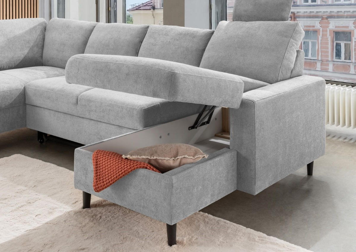 WOHNLANDSCHAFT mit Schlaffunktion und Bettkasten - Hellgrau/Schwarz, Kunststoff/Textil (305/88/200cm) - myHomelando