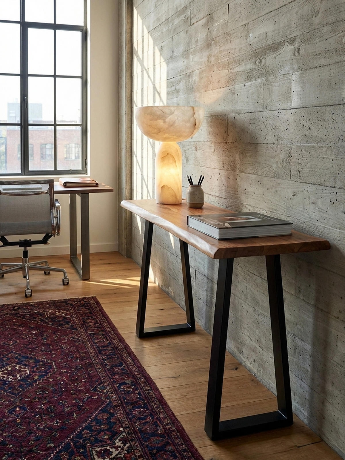SCHREIBTISCH – Massivholz Akazie, 118x41 cm, Live-Edge Design, schmal - Schwarz/Braun, Holz/Metall (41/118/76cm) - KADIMA DESIGN