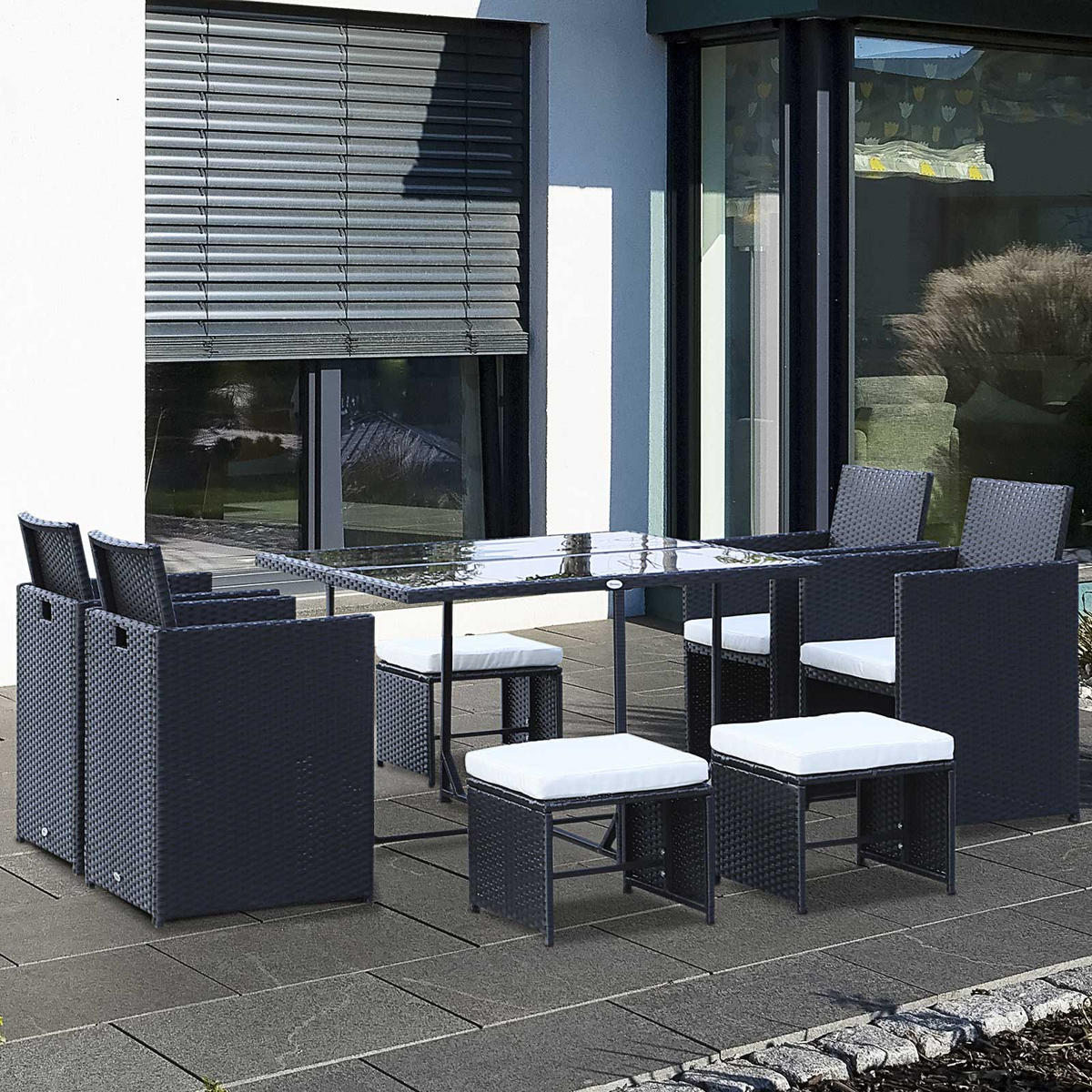 POLYRATTAN GARTENSET DE-06667 8-teilig, klappbar Schwarz - Schwarz/Weiß, Kunststoff/Metall - ComfortXL