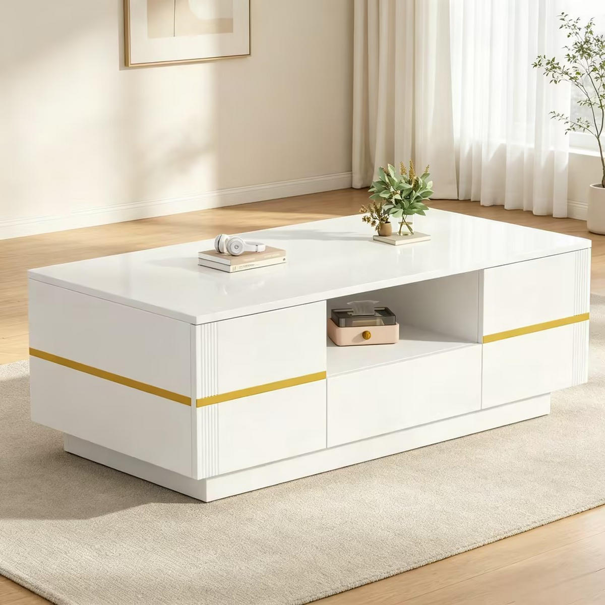 COUCHTISCH mit LED Weiß/Gold 100/50/35,5 cm 2 Türen - Weiß, Holzwerkstoff (100/50/35.5cm)