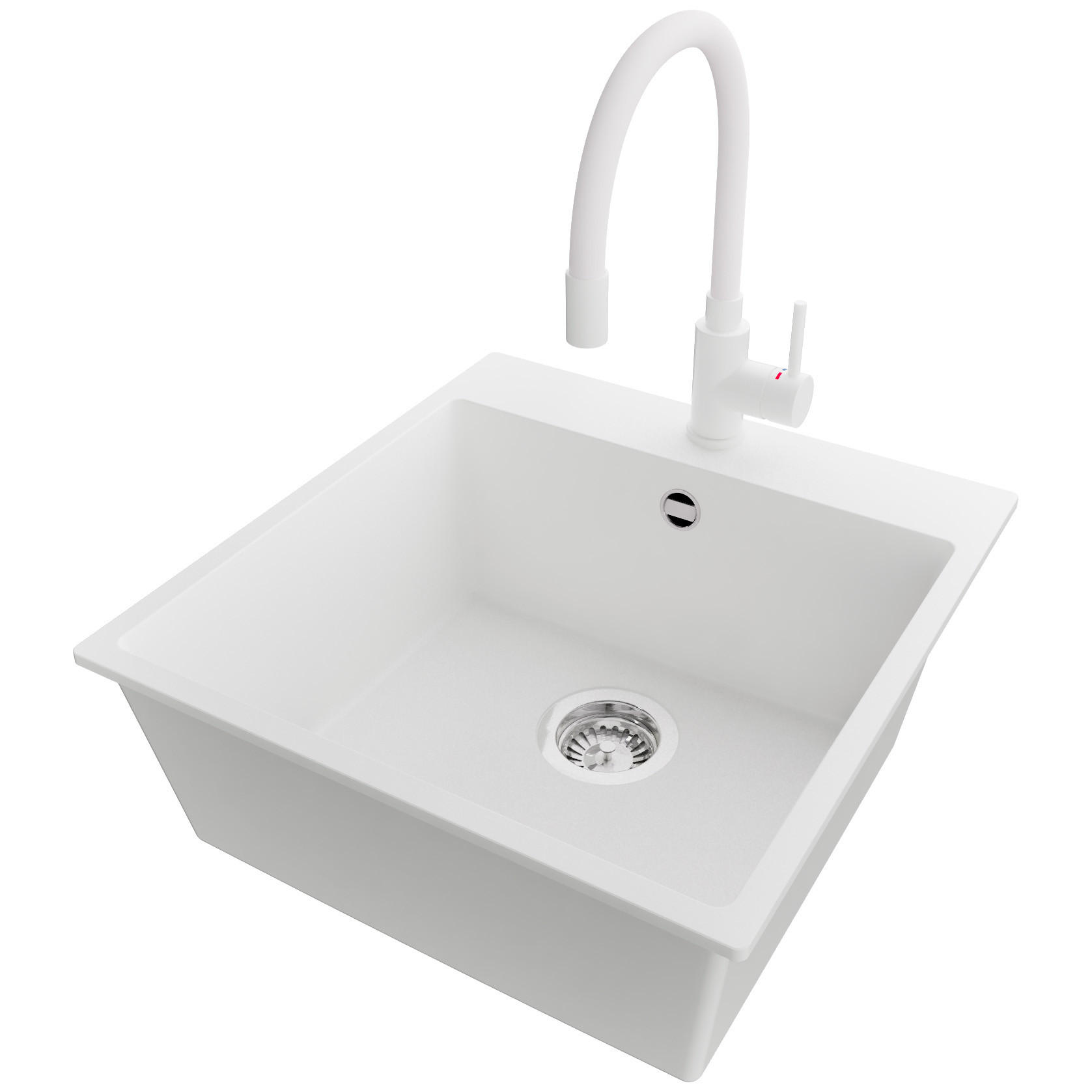 GRANITSPÜLE Riga, 2-er set Weiß 48/50 cm 1 Becken + Küchenarmatur 38/14 cm + Ablauf-Set ab 50er Unterschrank - Chromfarben/Weiß, Kunststoff (48/20/50cm) - Primagran