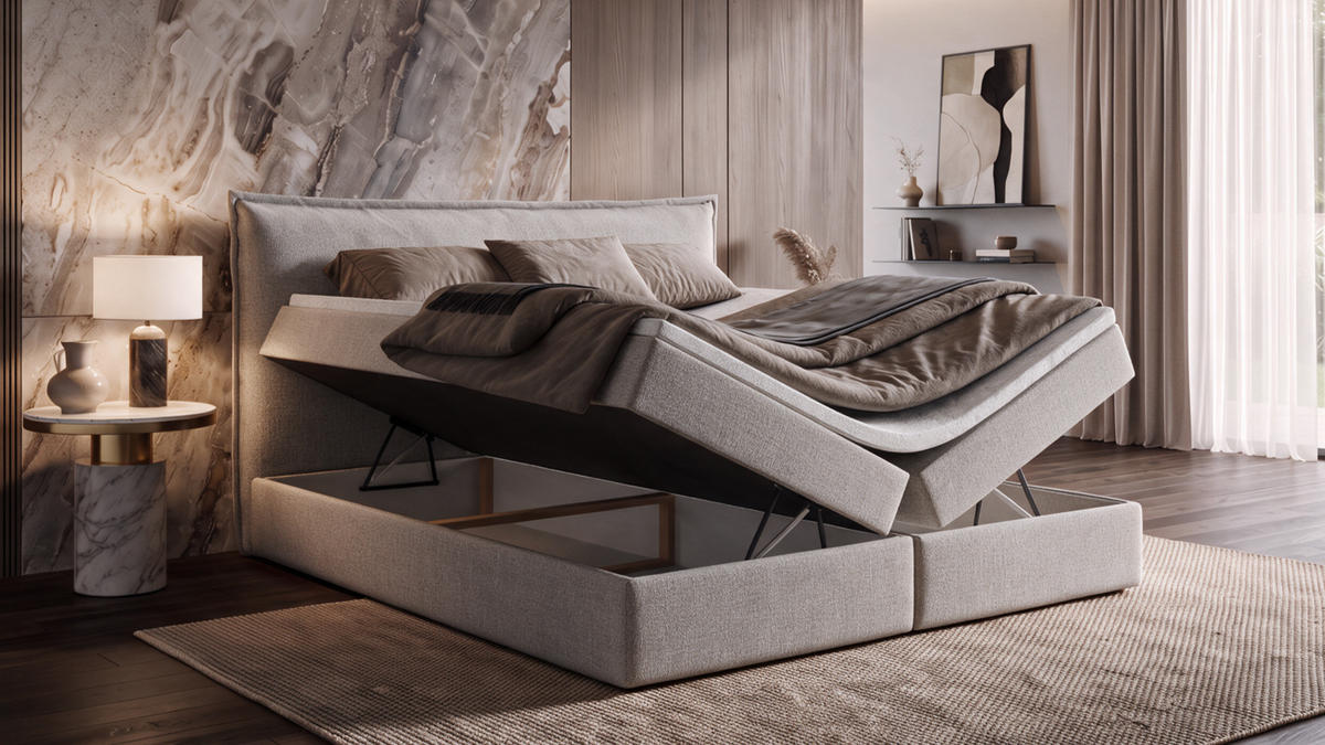 BOXBETT ARENO 200x200 cm Komplett-Set mit Bettkasten, Bonell-Matratze H3 und Topper - Grau - Grau, Textil (200/200cm) - Luxkor24