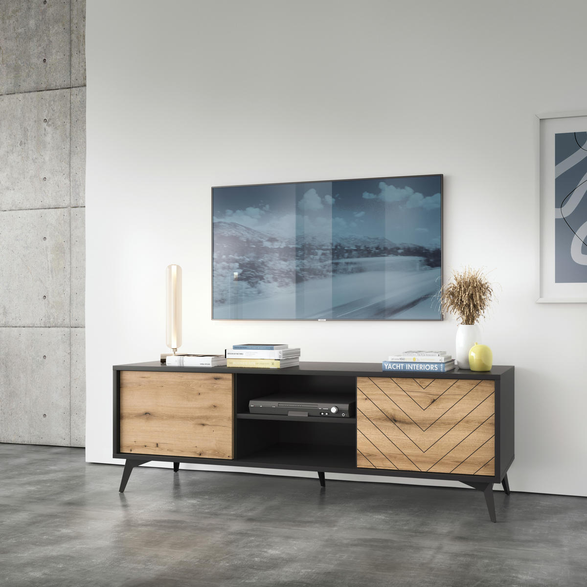 LOWBOARD Jasper 154 cm – Schwarz, Holz - Eichefarben/Schwarz, Glas/Holzwerkstoff (154/50/39cm) - Komodee