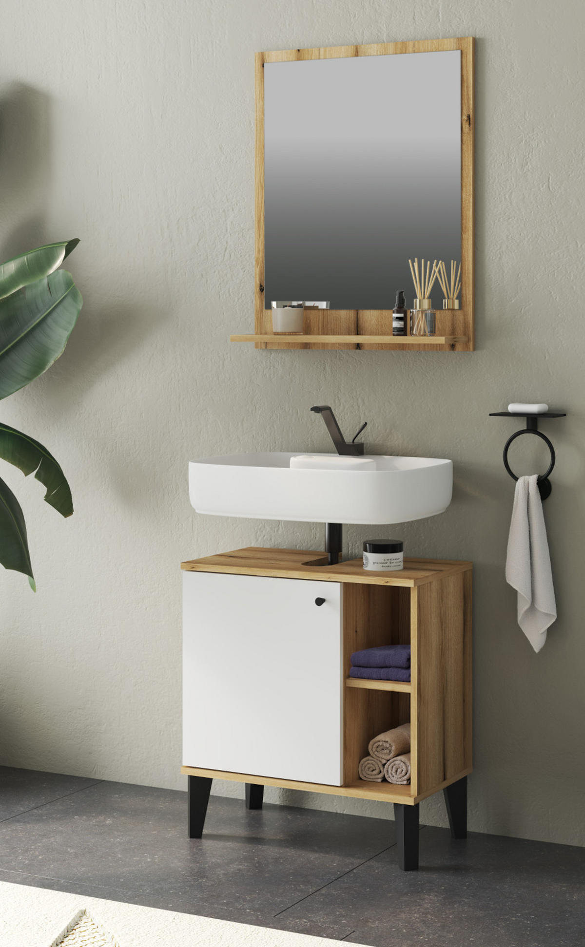 BADMÖBEL-SET 2-teilig weiß, Evoke Eiche, Badkombination, 60 cm - Eichefarben/Schwarz, Glas/Holzwerkstoff (60/190/33cm) - Furn.Design