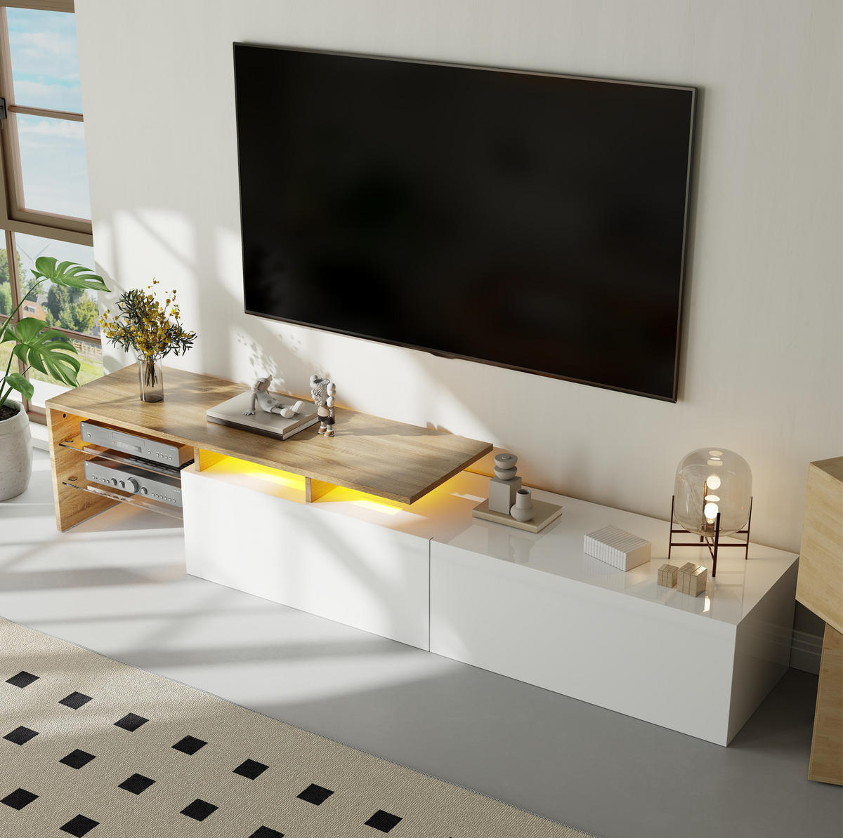 TV-SCHRANK aus Spanplatte 170x33x33,5 cm Weiß/Natur mit LED-Beleuchtung, Glasböden und Stauraum - Weiß, Holzwerkstoff (170/33.5/33cm) - Modfu