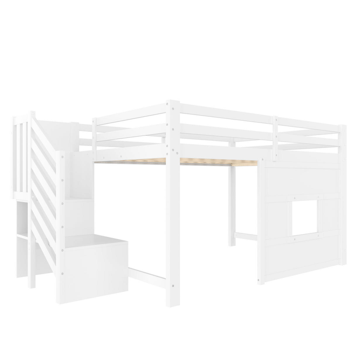 VISOKA postelja 140/200 cm bela z oknom, stopnicami za shranjevanje in LED-osvetlitvijo iz bora, MDF in vezane plošče - bela, leseni material (140/200cm) - OKWISH