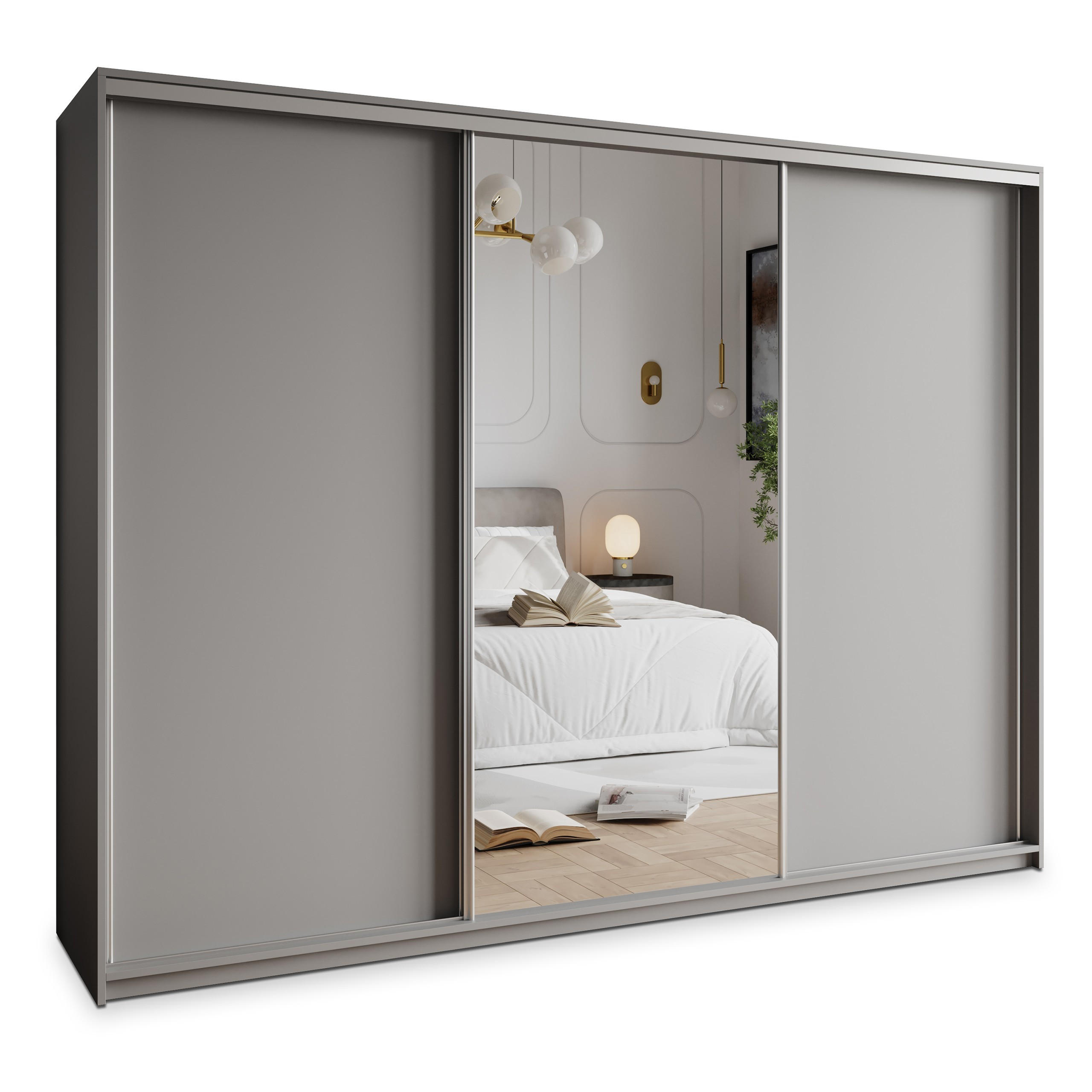 SCHWEBETÜRENSCHRANK TAVI 250/205/60 cm 3-türig mit Spiegel und Schubladen Graphitfarben - Graphitfarben/Nickelfarben, Holzwerkstoff (250/205/60cm) - MASSENO