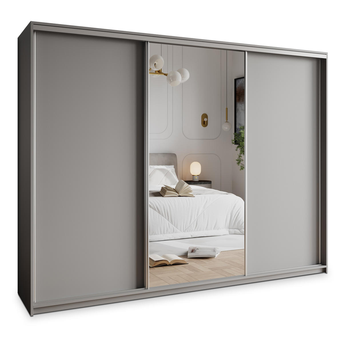 SCHWEBETÜRENSCHRANK TAVI 250/205/60 cm 3-türig mit Spiegel und Schubladen Graphitfarben - Graphitfarben/Nickelfarben, Holzwerkstoff (250/205/60cm) - MASSENO