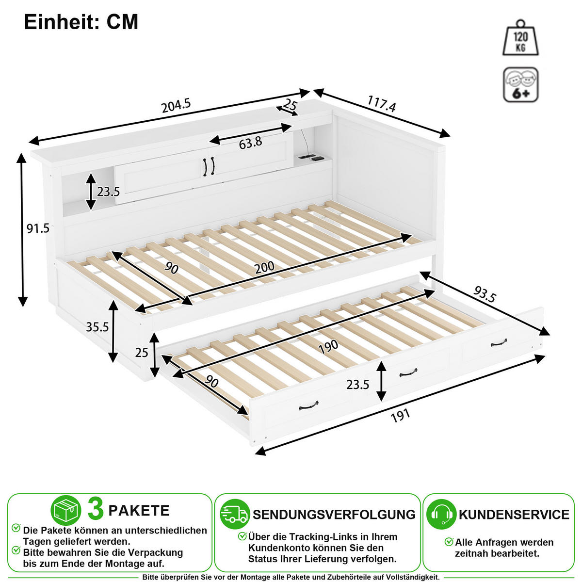 SCHLAFSOFA 90/200 cm & 90/190 cm in Weiß mit Ausziehbett, LED und USB - Weiß, Holz/Holzwerkstoff (90/200cm) - CHICFURN
