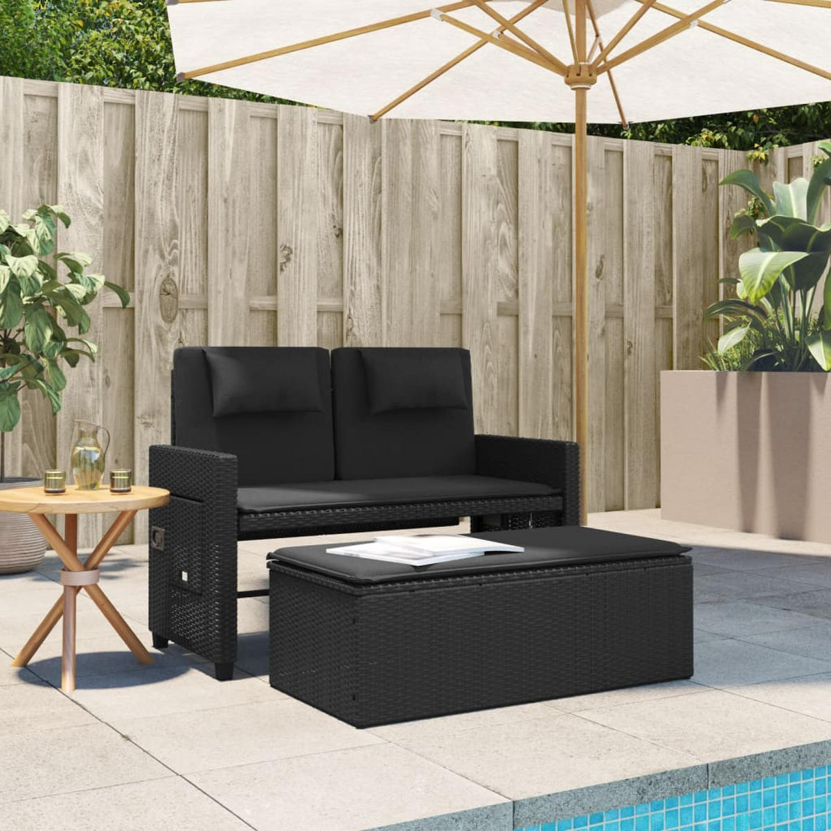 GARTENBANK Verstellbar mit Kissen Schwarz Poly Rattan - Schwarz, Kunststoff (122/83/58cm) - furnicato