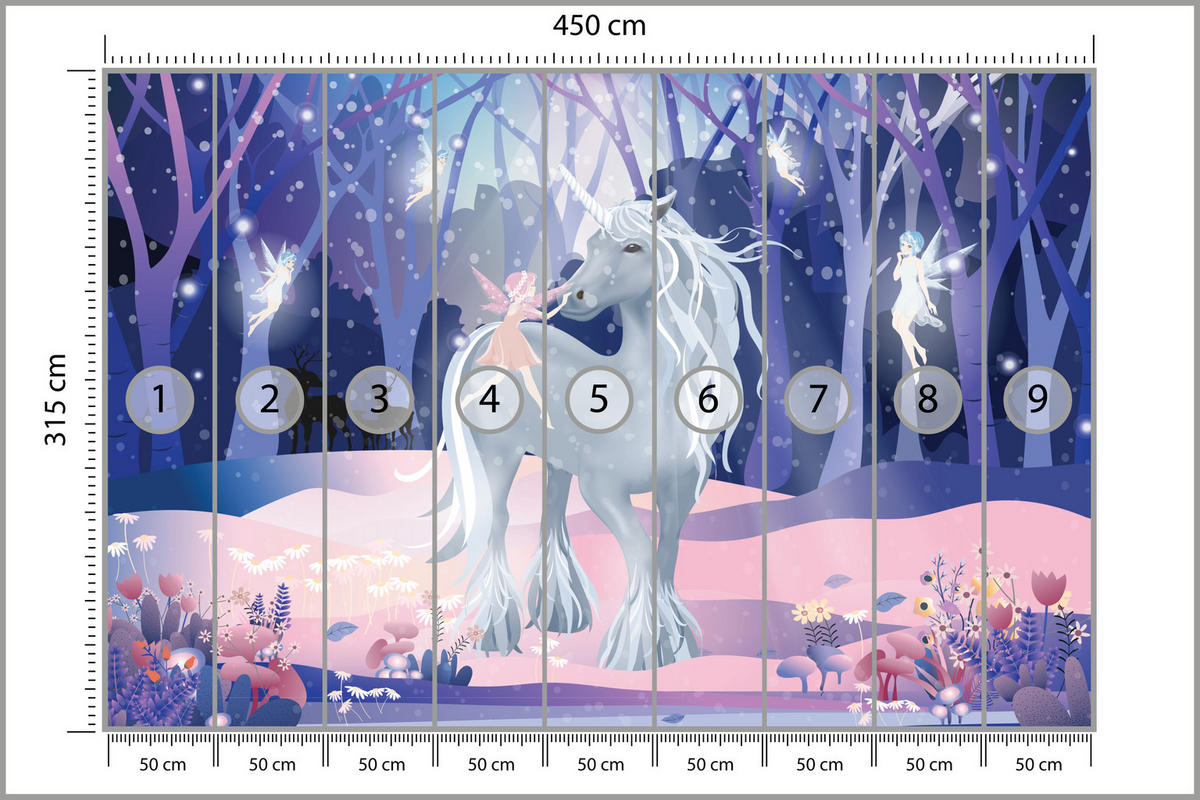 FOTOTAPETE für Kinderzimmer Einhorn Feen Magischer Wald 450x315 - Blau/Violett, Papier (450/315cm) - Muralo