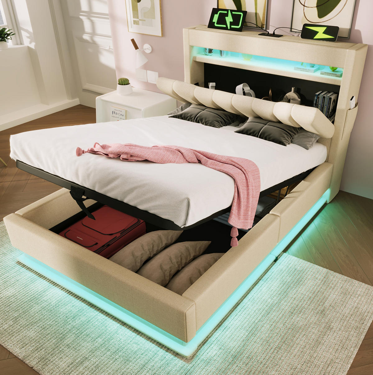 POLSTERBETT aus Leinen 90x200 cm Beige mit LED-Beleuchtung, USB-C-Anschluss und hydraulischem Stauraum - Beige, Textil (90/200cm) - IVMEU