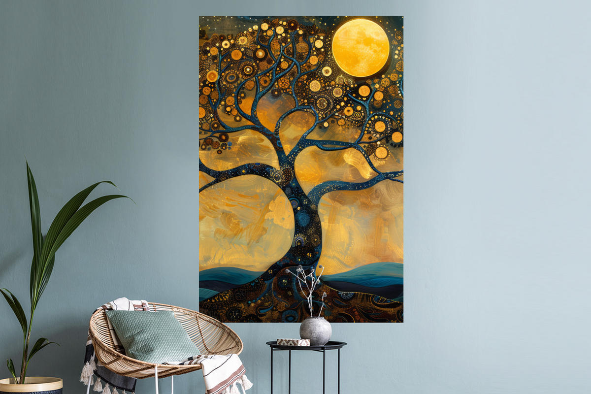 WANDTATTOO Baum - Mond - Blumen - Gold - Kunst 80x120 cm - Orange, Kunststoff (80/120/0.1cm) - MuchoWow