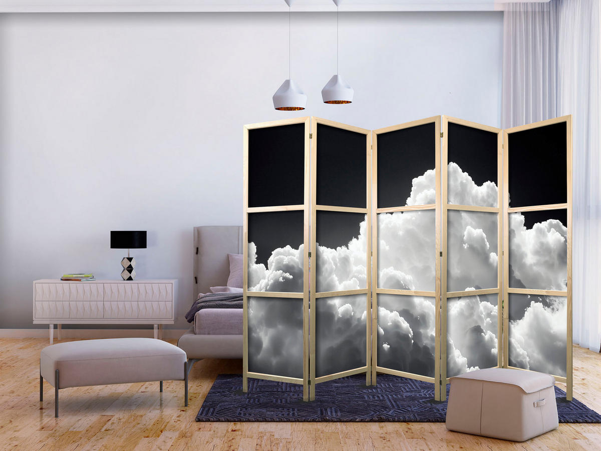 PARAVENT Japanischer 5-tlg 225x172 cm Schwarz-Wei e Wolken - Schwarz, Holz/Textil (225/172/3cm) - Muralo