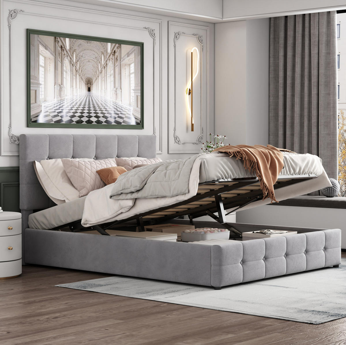 POLSTERBETT aus MDF, Metall und Samtstoff 203x140x106 cm Grau mit hydraulischem Bettkasten - Grau, Textil (140/200cm) - IVMEU