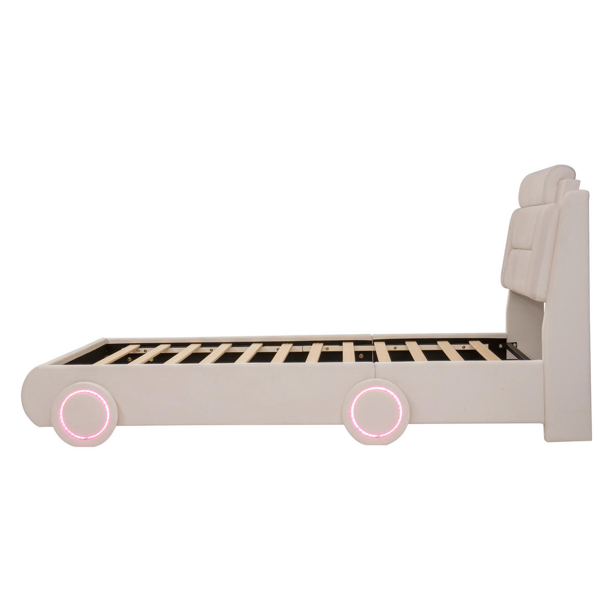 AUTOBETT 90/200 cm mit LED-Rädern, DE-41742, in Cremeweiß - Beige, Holz (90/200cm) - ComfortXL