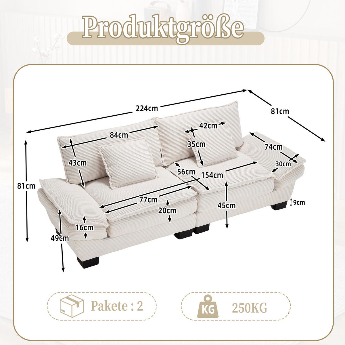 2-SITZER-SOFA aus Samt 224x81x81 cm Beige mit extratiefem Sitz, 2 Kissen und gepolsterten Armlehnen - Beige, Textil (81/81/224cm) - Modfu