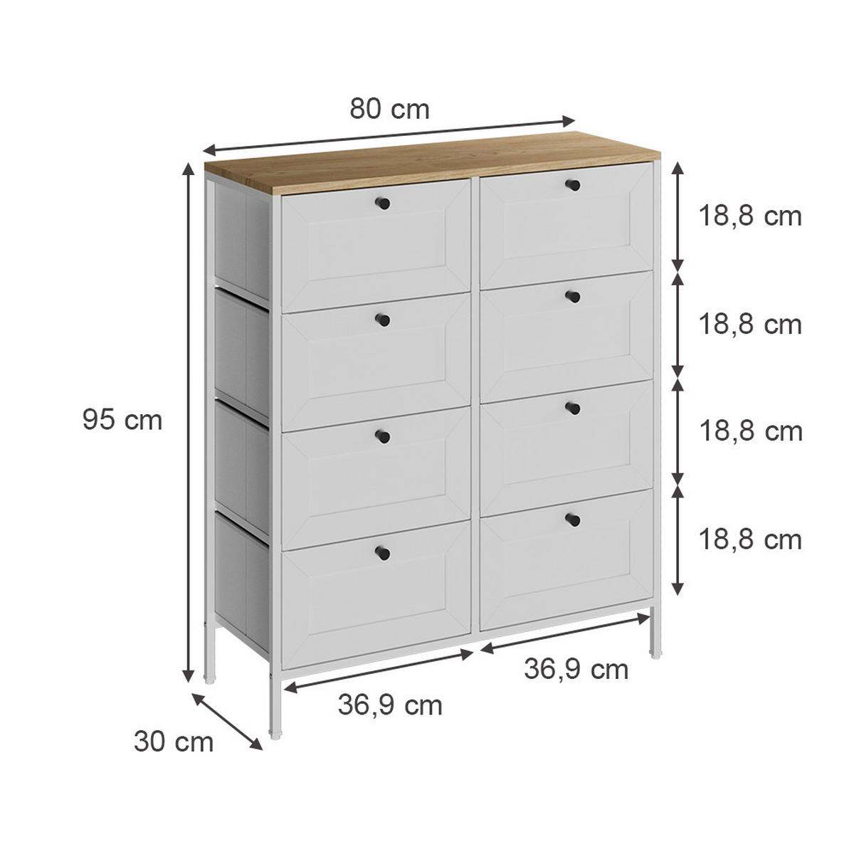 KOMMODE Belaro Weiß 80 x 95 cm mit 8 Schubladen - Weiß, Holzwerkstoff (80/95/30cm) - Vicco