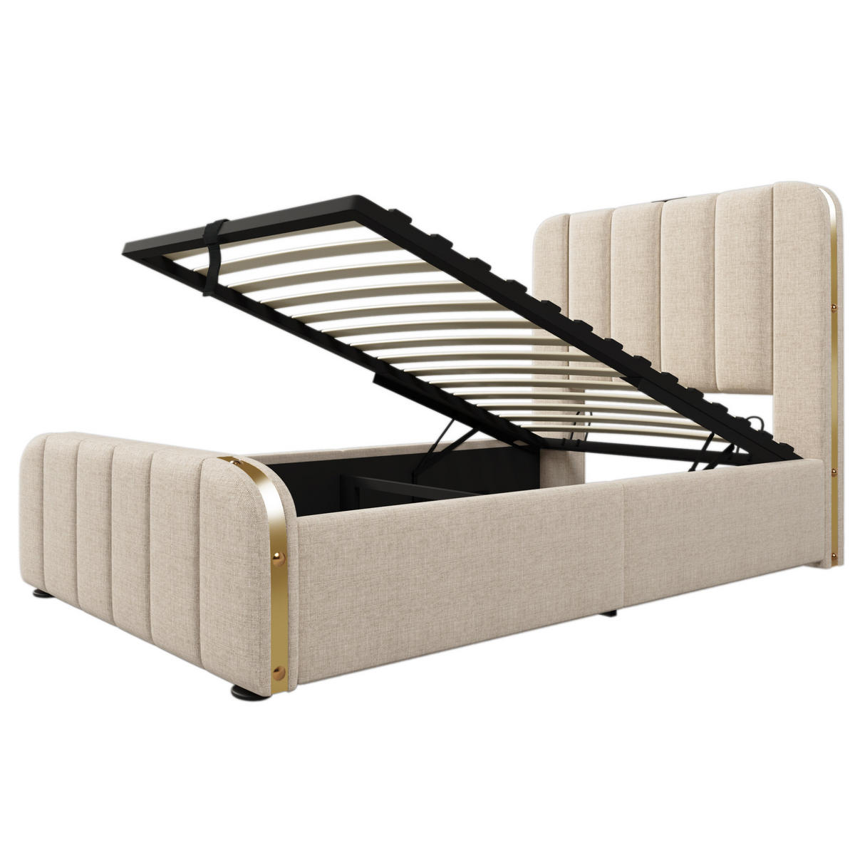 POLSTERBETT mit Stauraum und USB/Typ-C 90x200 cm Beige Leinen inkl. Matratze - Beige, Metall (90/200cm) - Meubliv