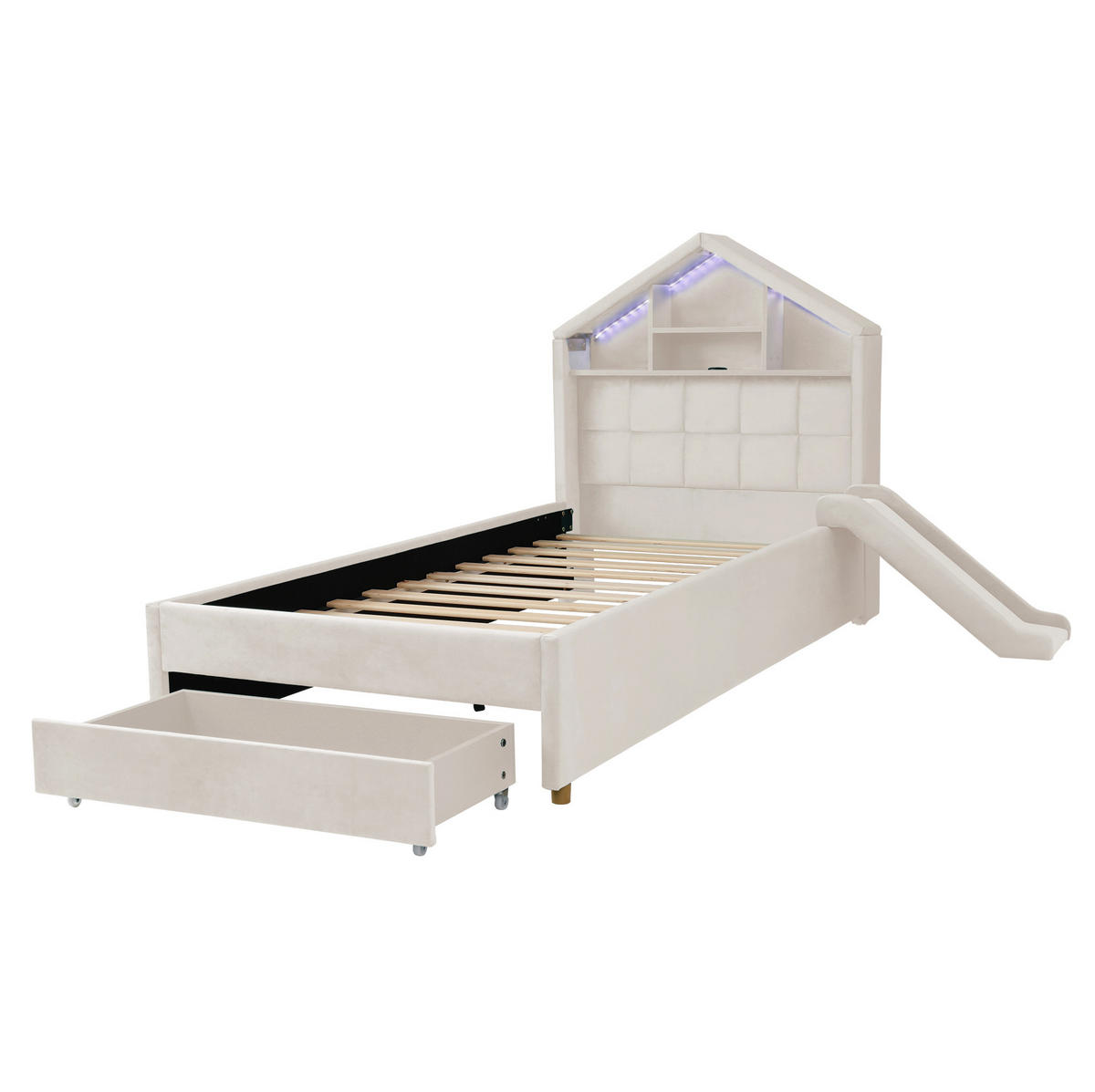 KINDERBETT-POLSTERBETT aus Samt 90x200 cm Beige mit LED-Beleuchtung, Ladeanschluss, Rutsche und Bettkasten - Beige, Textil (90/200cm) - Modfu
