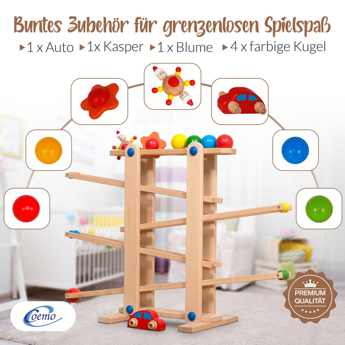 KUGELBAHN L Holz Natur mit 7 Roll Elementen - Naturfarben, Holz (26/70cm) - Coemo