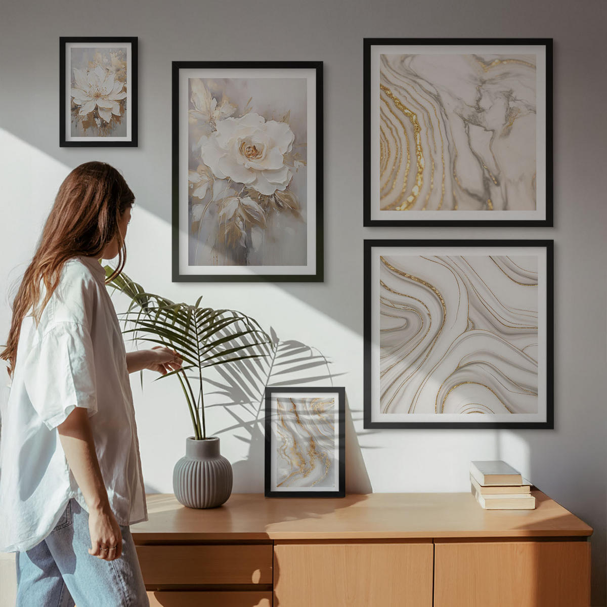 BILDER SET 5er Set - 50x50 cm & 20x30 cm & 40x60 cm Schwarzer Rahmen - Subtile abstrakte Muster - Schwarz, Kunststoff (40/60cm) - TULUP