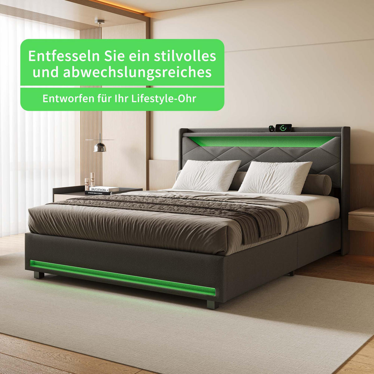 POLSTERBETT 140x200 cm, Bett mit LED-Beleuchtung, Grau Leinen - Grau, Metall (140/200cm)