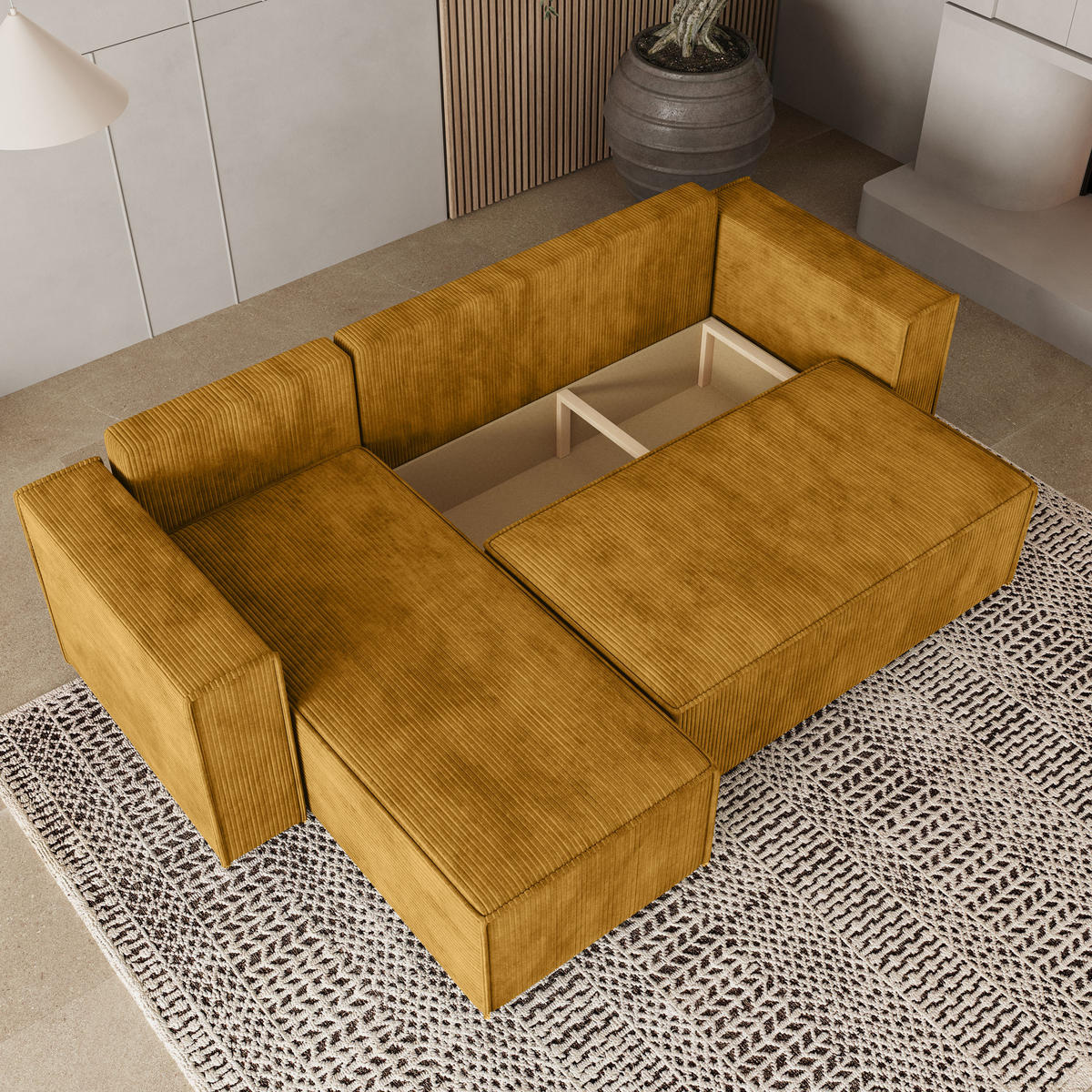 ROHOVÁ SEDAČKA RAVELO žlutá - šedá/žlutá, dřevo/textil (240/140cm) - MASSENO