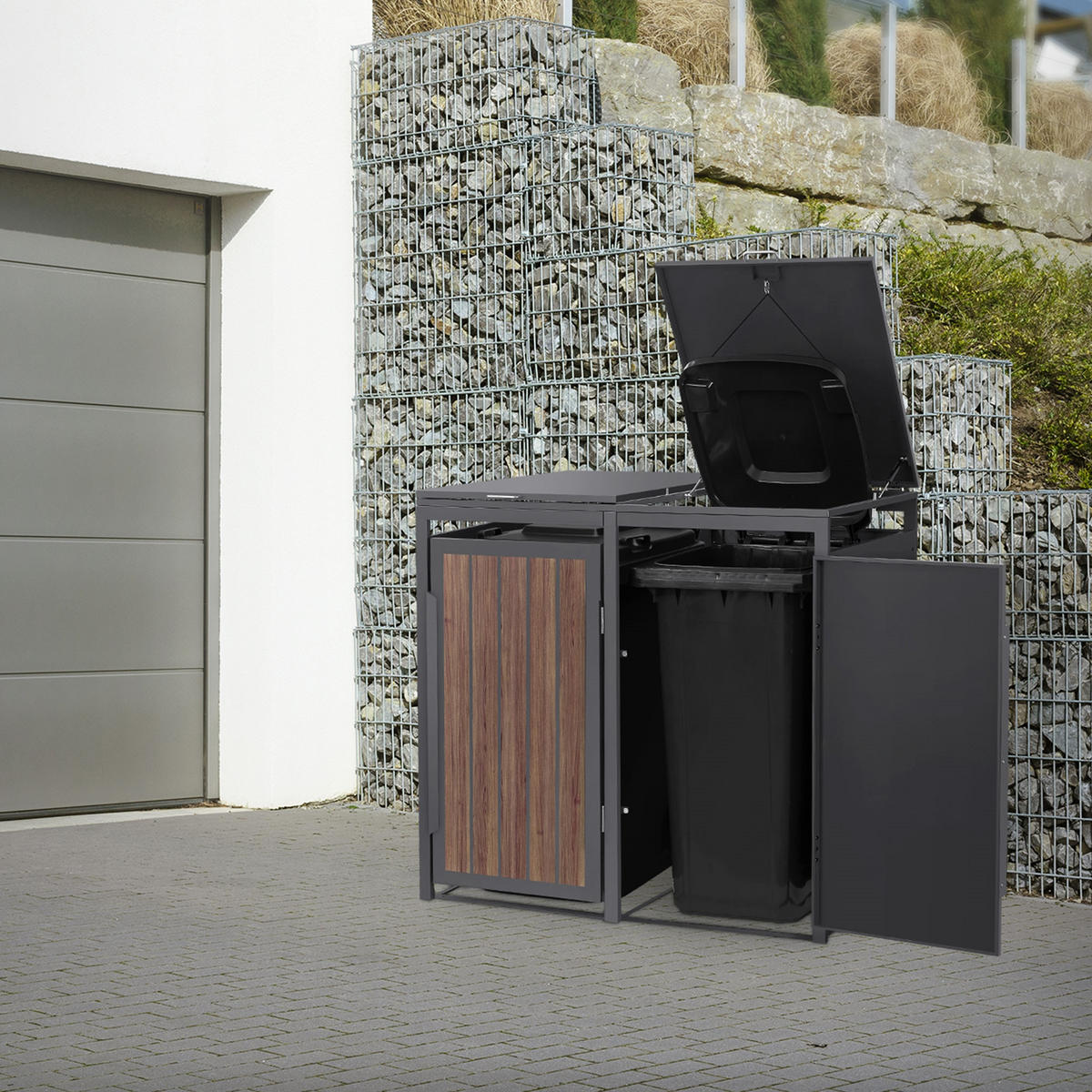 MÜLLTONNENBOX 2er 240L 132x80x120 cm Anthrazit-Eiche dunkel aus Stahl - Dunkelbraun, Metall (80/120/132cm) - ML-DESIGN