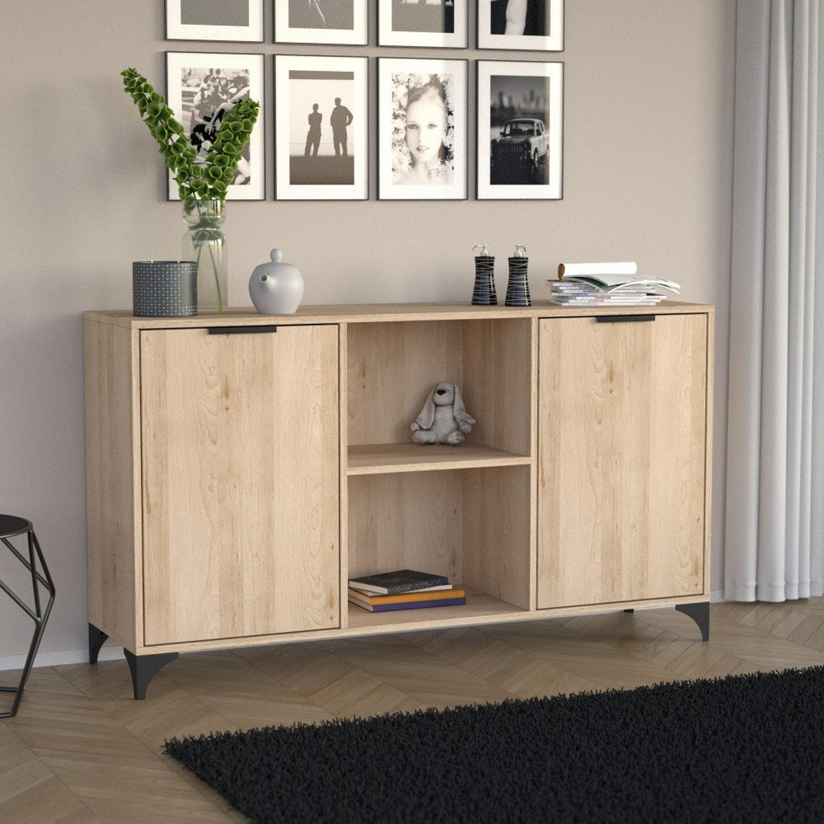 KOMMODE Home mit 2 Türen, mit Griffen, eiche Artisan - Schwarz/Eiche Artisan, Holzwerkstoff (150/85/40cm) - Beautysofa