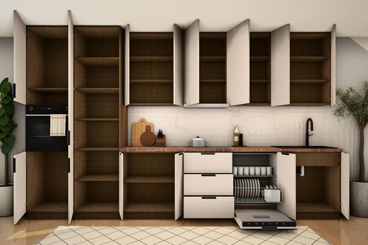 KÜCHENZEILE Sorento Beige – 400 cm – K73-G400 L – mit Vorrats-Hochschrank - Beige/Schwarz, Holzwerkstoff/Metall (400/247/58cm) - ROYAL24_MARKT