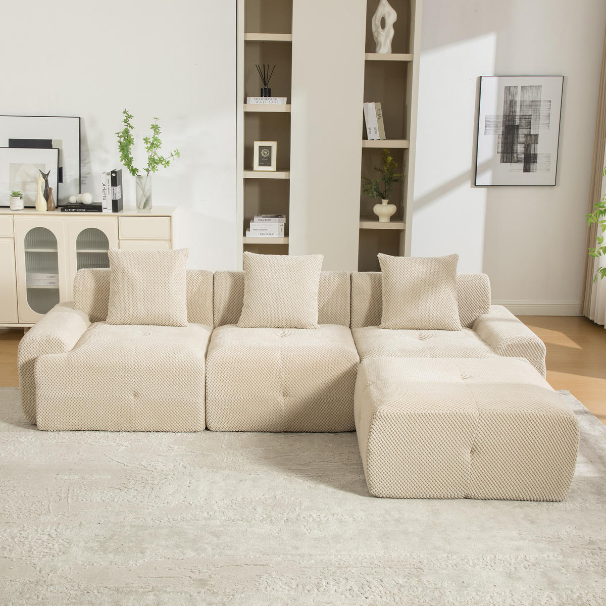 ECKSOFA Chenille Hellkhaki mit Kissen - Hellbraun, Textil (266/176cm) - WISHDOR