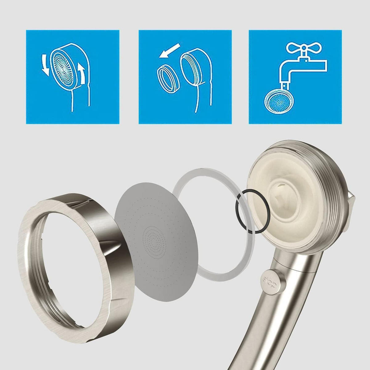 HANDBRAUSE-SET mit 3 Sprühmodi und ON/OFF-Schalter | Gebürstetes Nickel - Silberfarben, Metall (8/12.7/24cm)